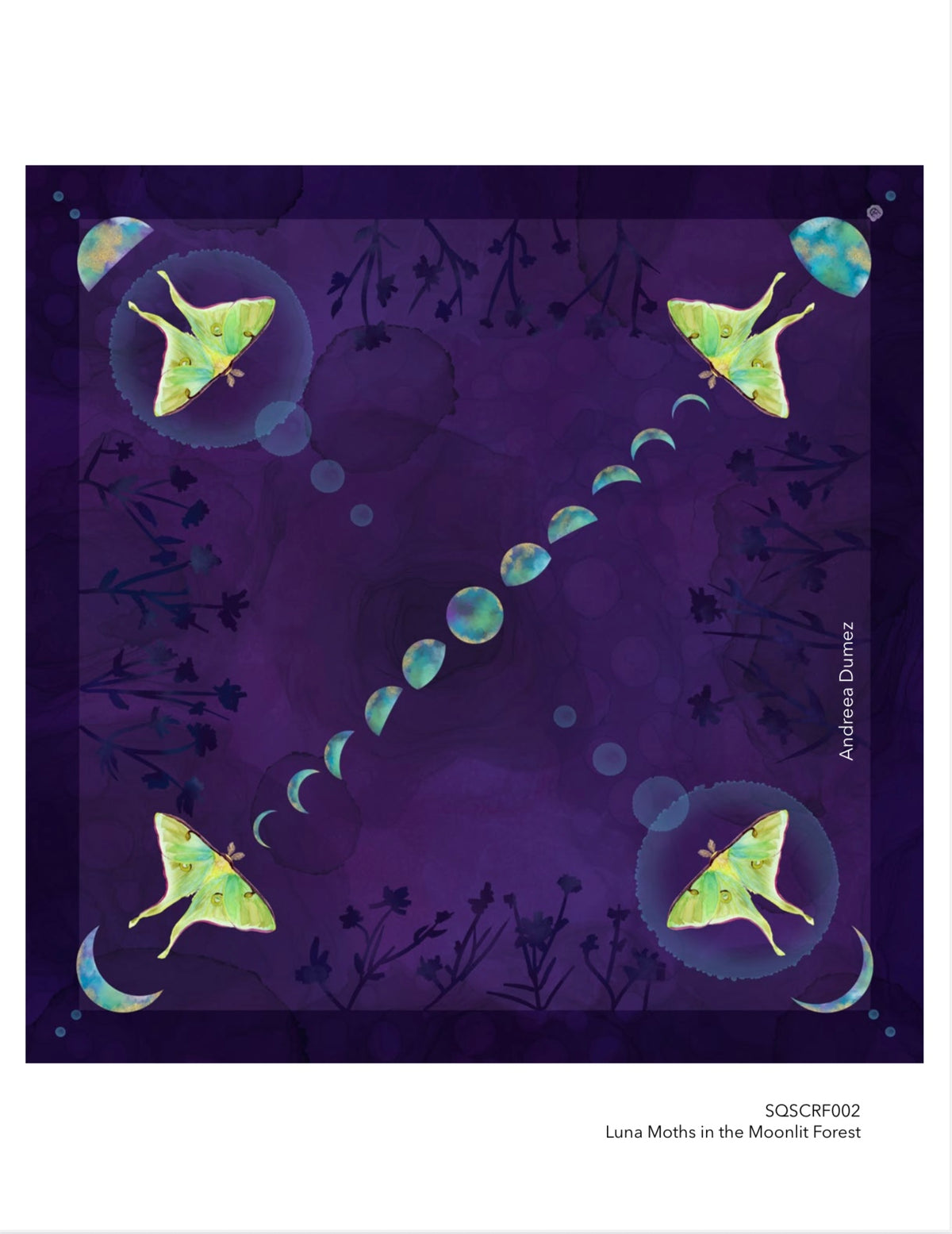Luna Moths In The Moonlit Forest Cotton Silk Blend Bandana 26”x26”