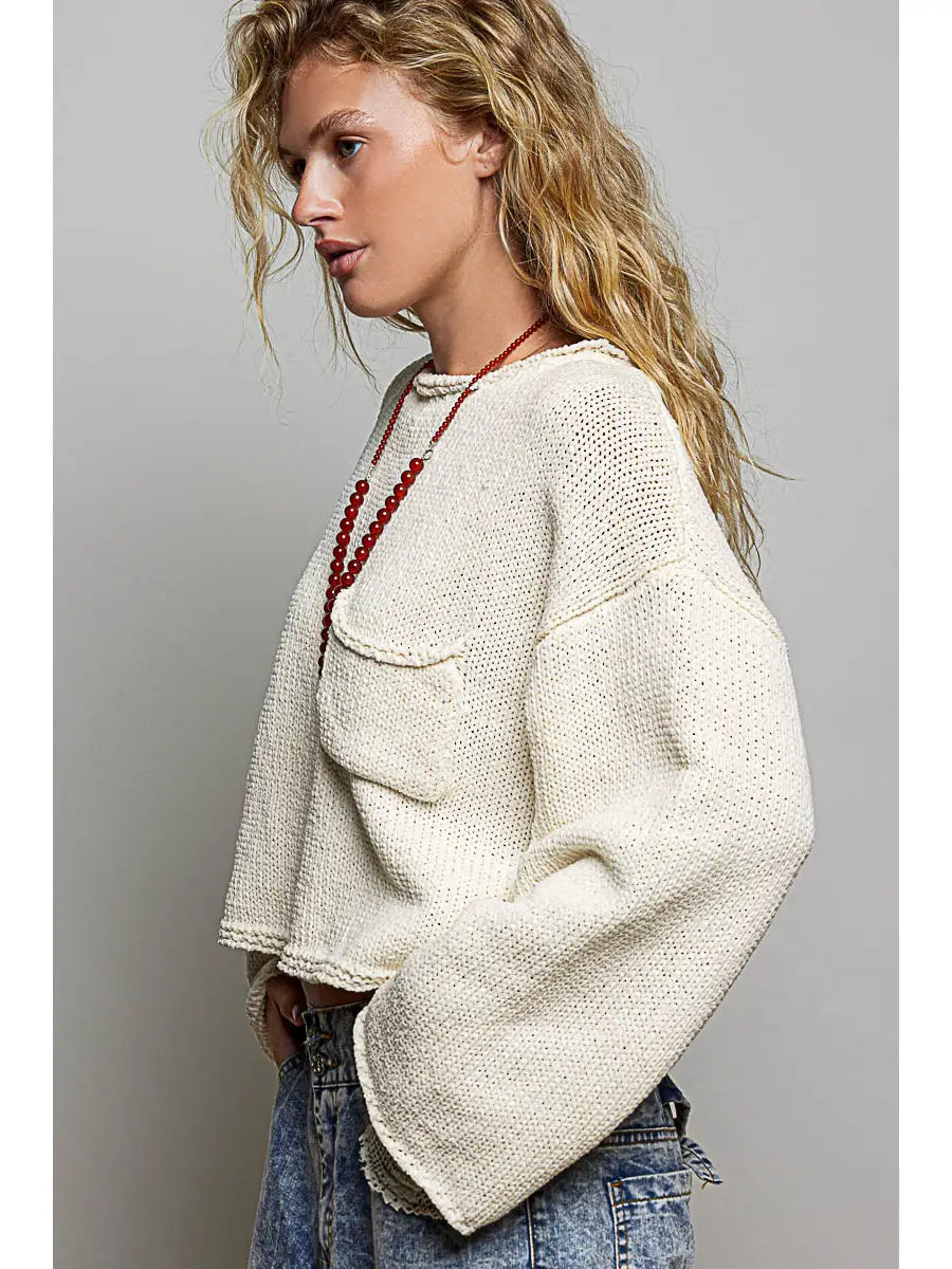 Solid Rolled-Edge Cropped Knit Sweater