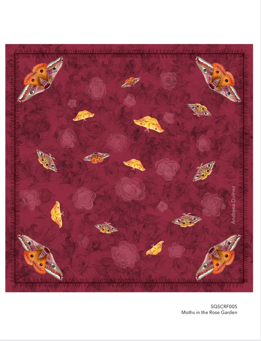 Moths In The Rose Garden Cotton Silk Blend Bandana 26”x26”