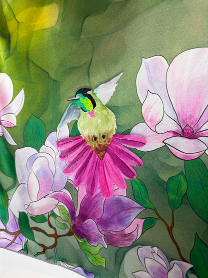 Hummingbird and Magnolia Silk Scarf (16” X 72”)