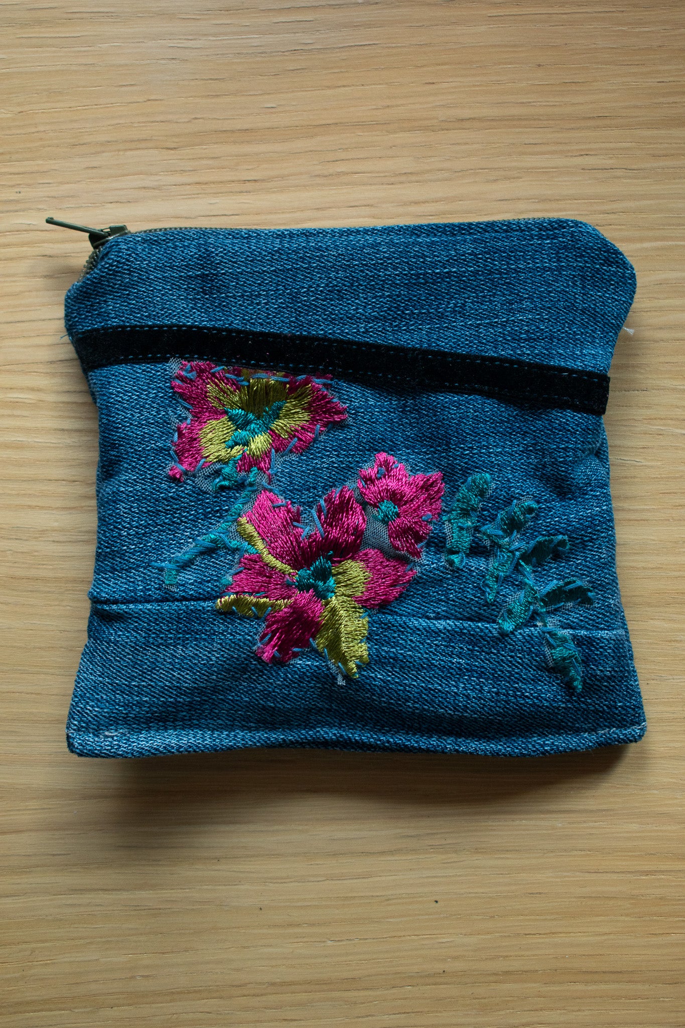 Hand Embroidered Denim Pouch