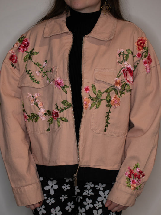 Pink Embroidered Denim Jacket | Large
