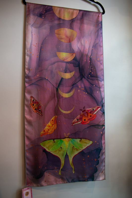 Luna Moth And The Moonlit Family Silk Scarf (16” X 72”)
