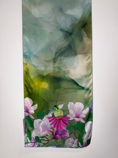 Hummingbird and Magnolia Silk Scarf (16” X 72”)