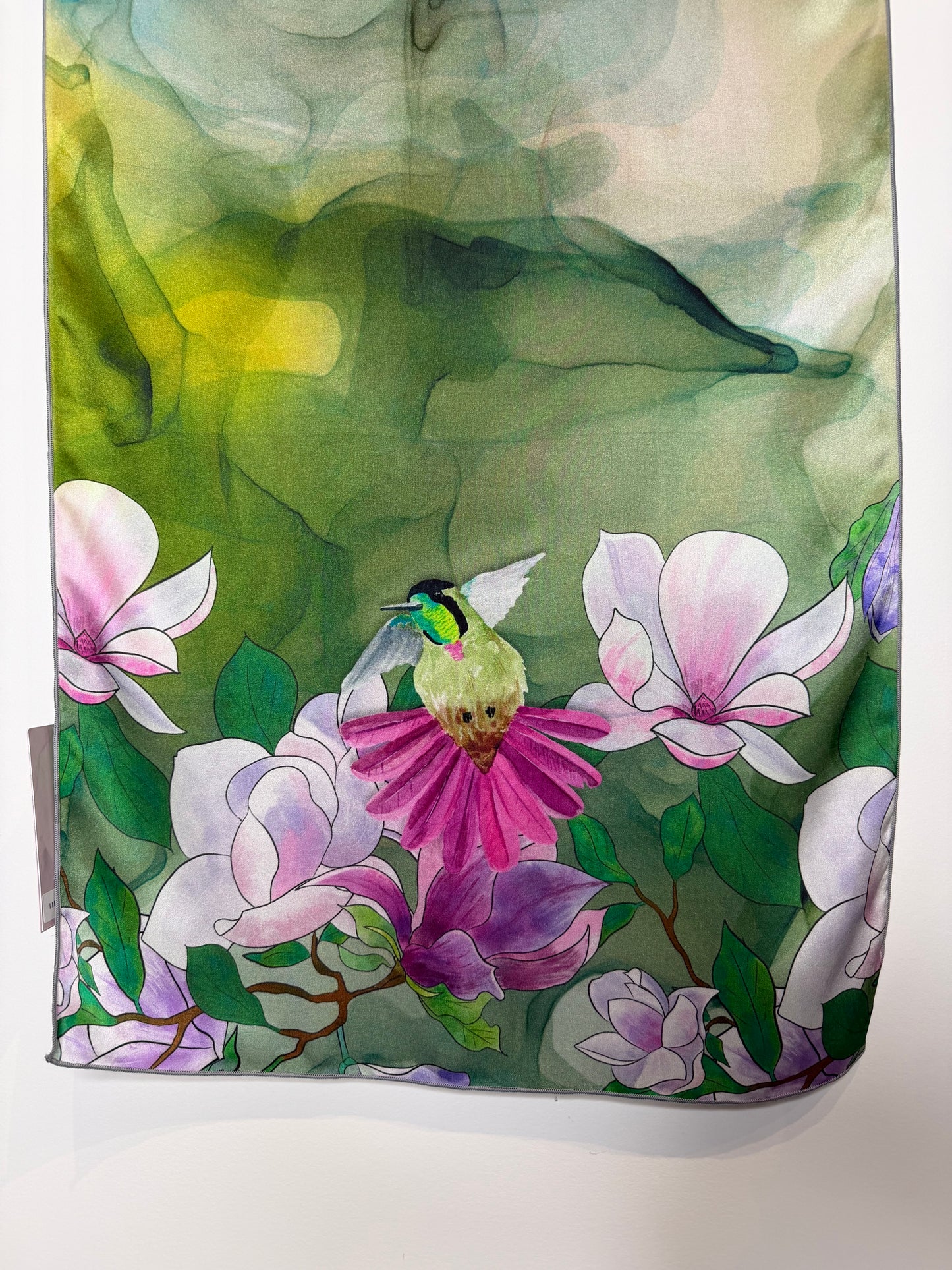 Hummingbird and Magnolia Silk Scarf (16” X 72”)