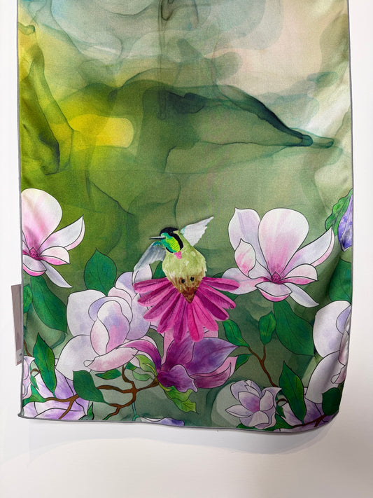 Hummingbird and Magnolia Silk Scarf (16” X 72”)