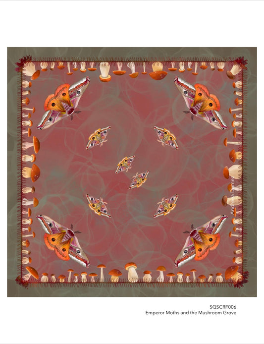 Emperor Moths And The Mushroom Grove Cotton Silk Blend Bandana 26”x26”