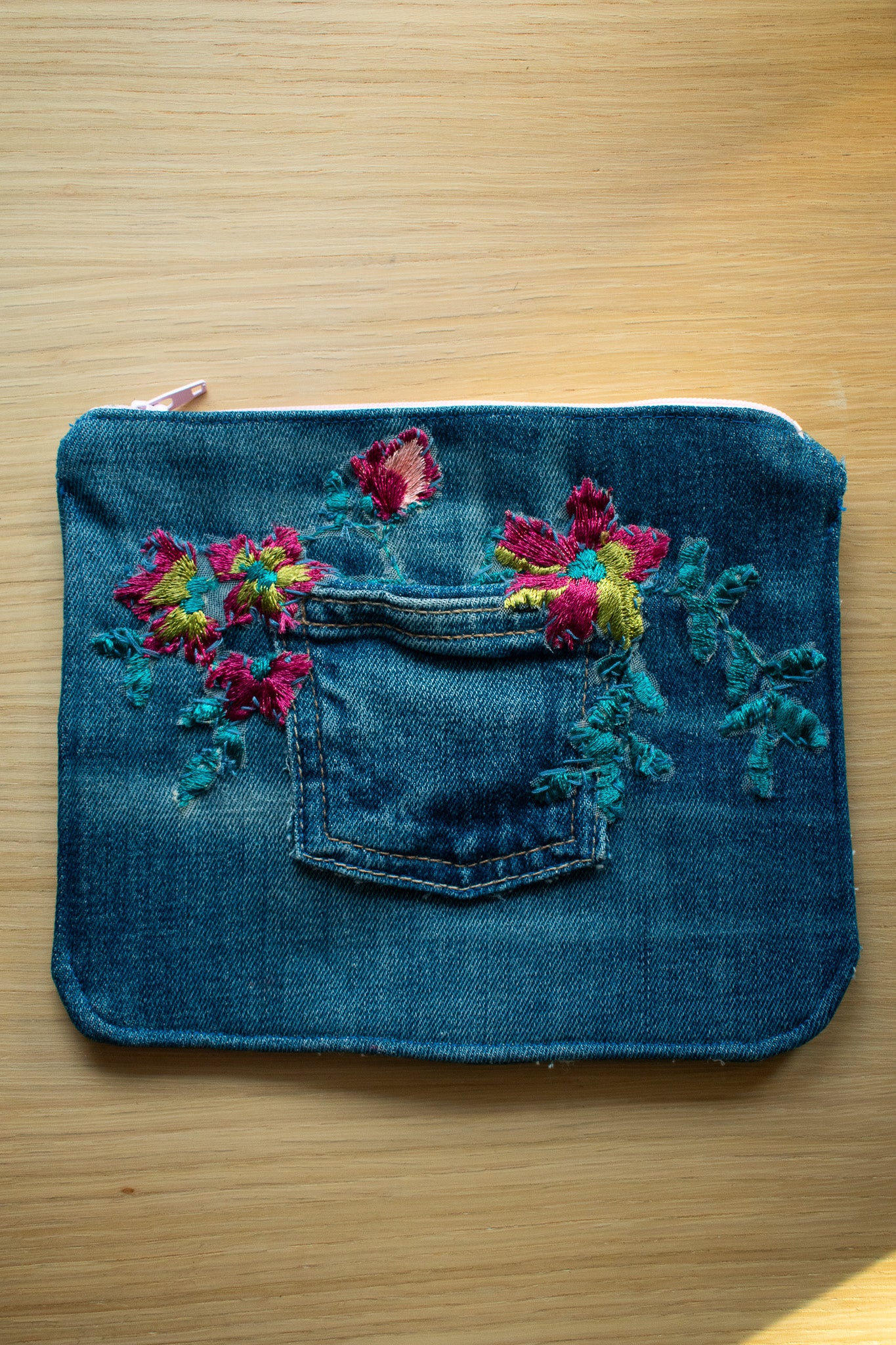 Hand Embroidered Denim Pouch