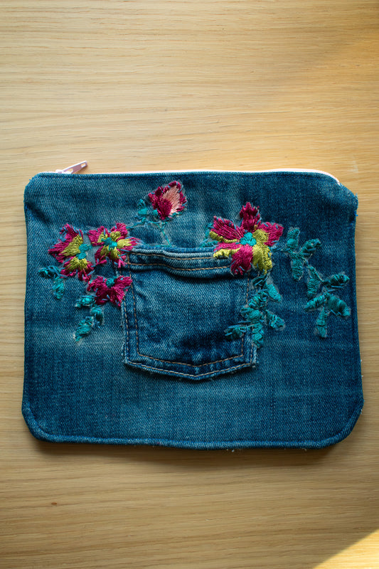 Hand Embroidered Denim Pouch