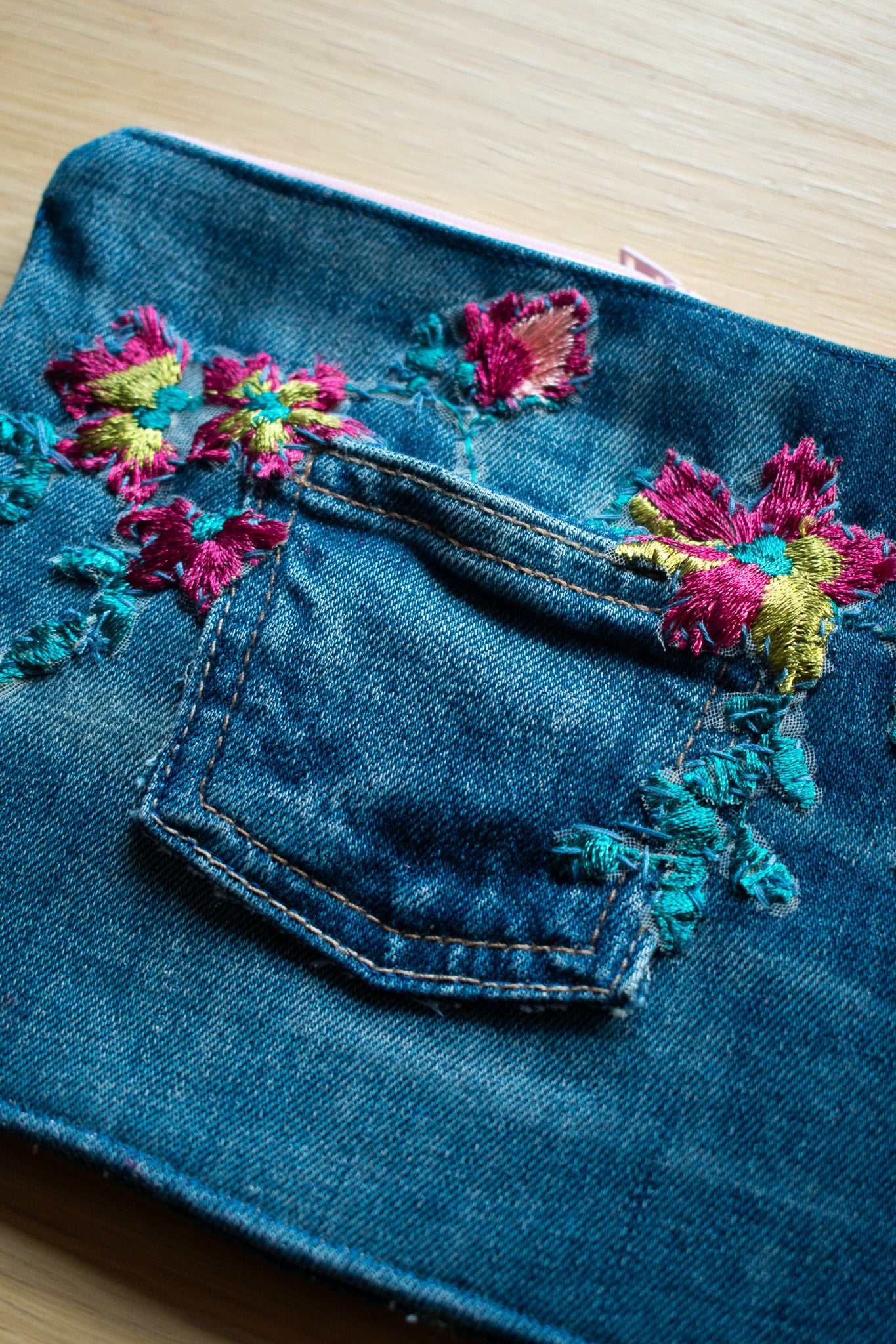 Hand Embroidered Denim Pouch