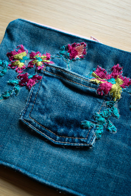 Hand Embroidered Denim Pouch
