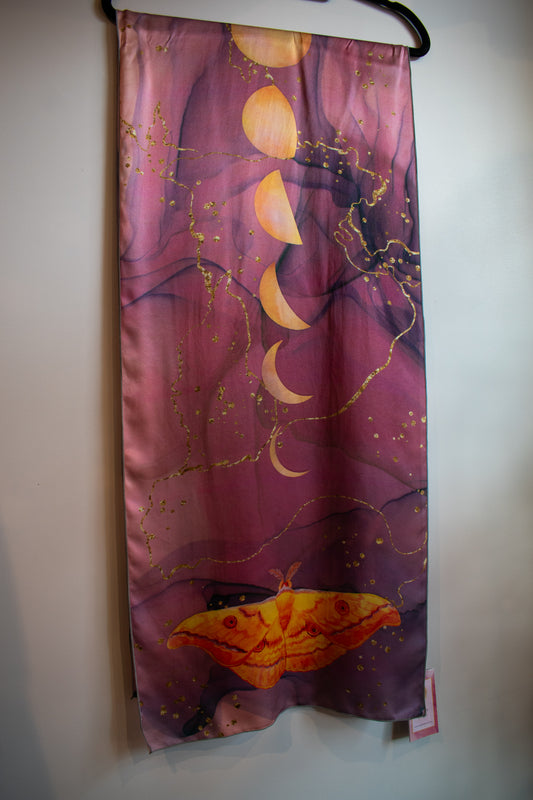 Japanese Silk Moth And The Golden Moons Silk Scarf (16” X 72”)