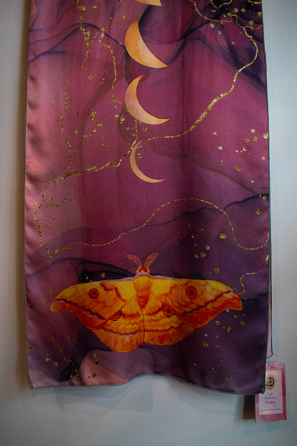 Japanese Silk Moth And The Golden Moons Silk Scarf (16” X 72”)