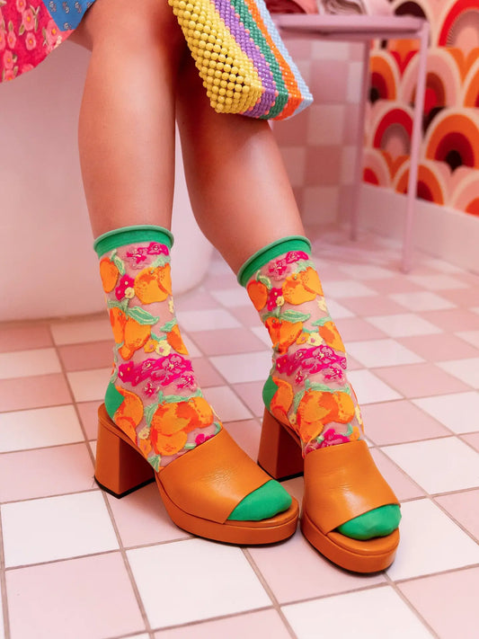 Orange Floral Sheer Crew Sock