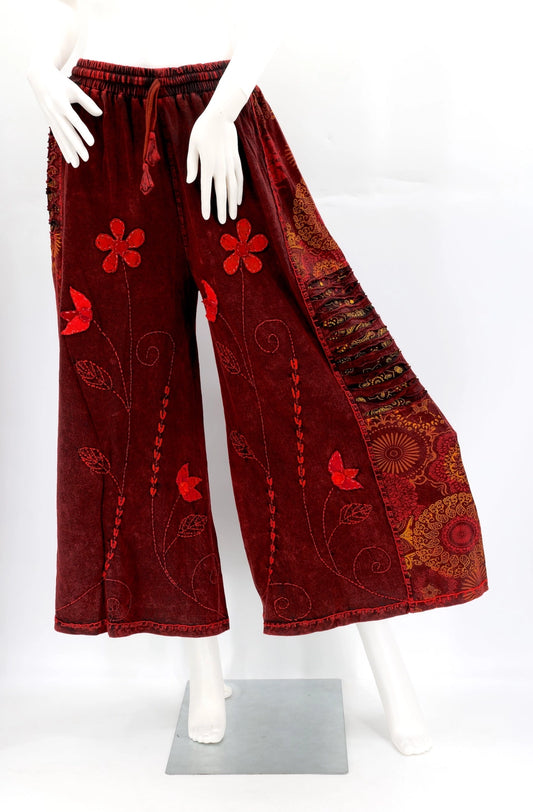 Floral Embroidered Wide Leg Trousers