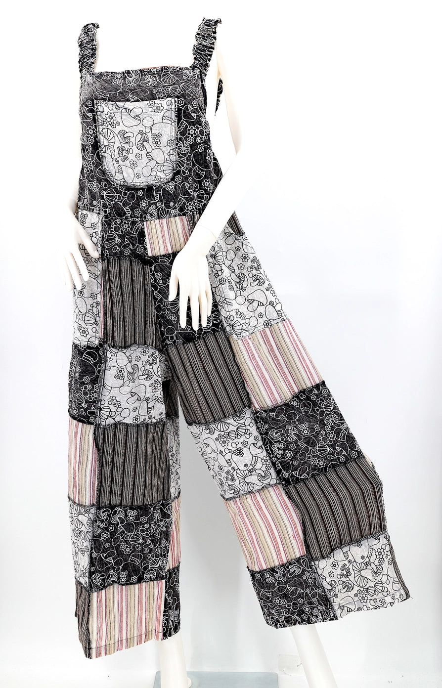 Mushroom Overlock Patchwork Overalls