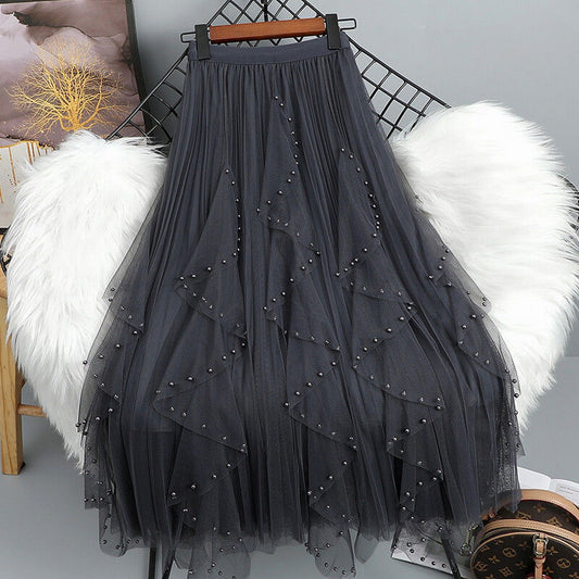 Beaded Mesh Pleated Skirt