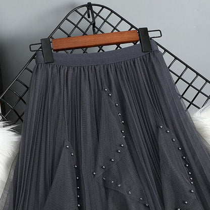 Beaded Mesh Pleated Skirt
