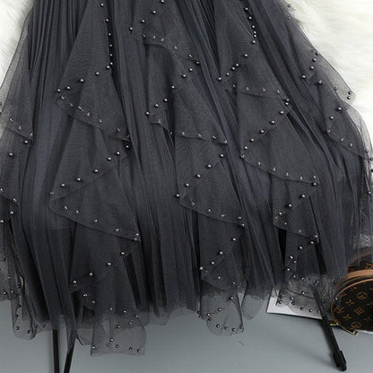 Beaded Mesh Pleated Skirt