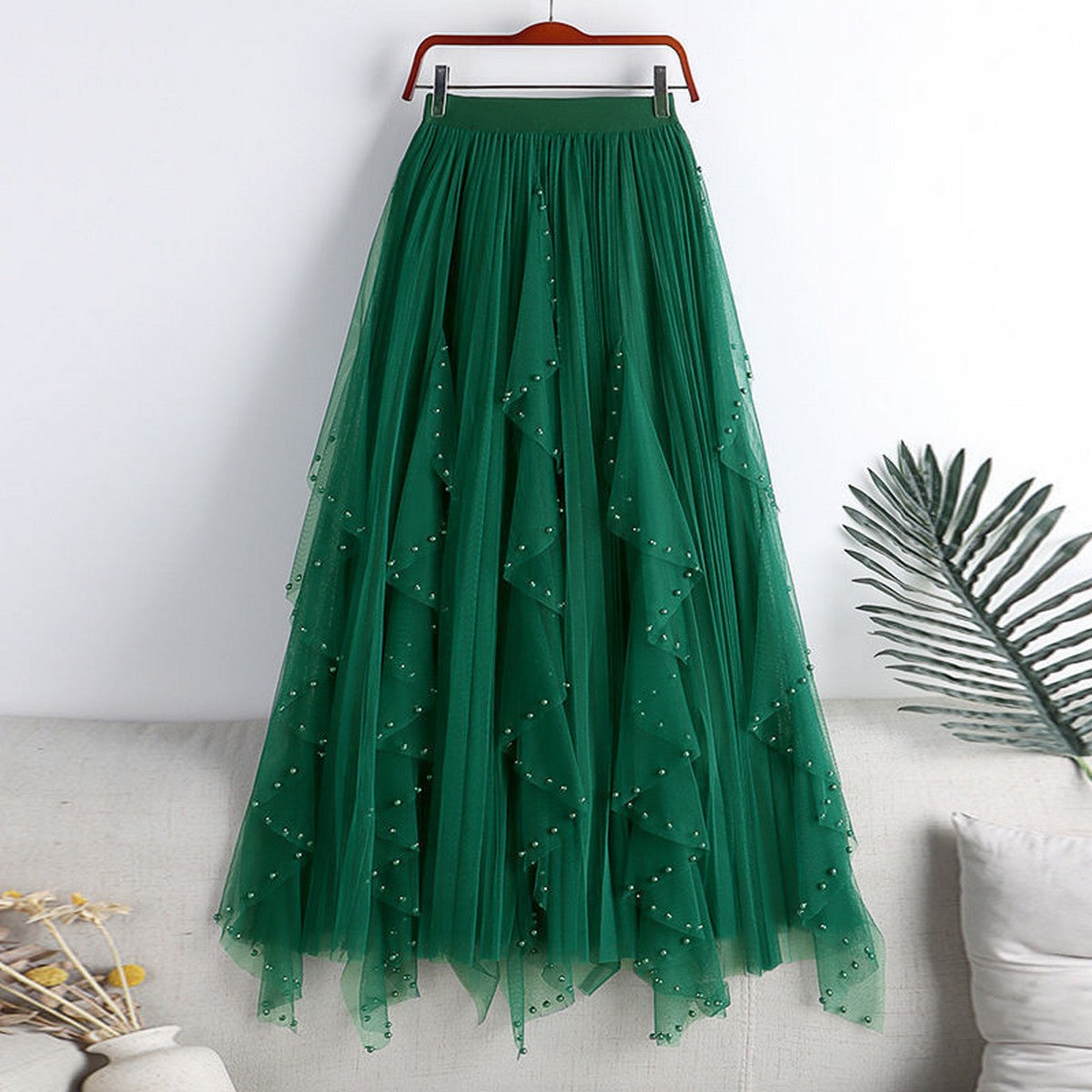 Beaded Mesh Pleated Skirt