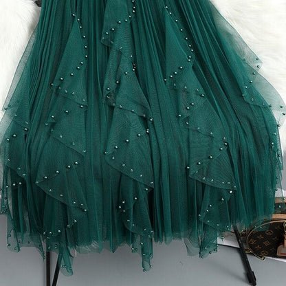 Beaded Mesh Pleated Skirt
