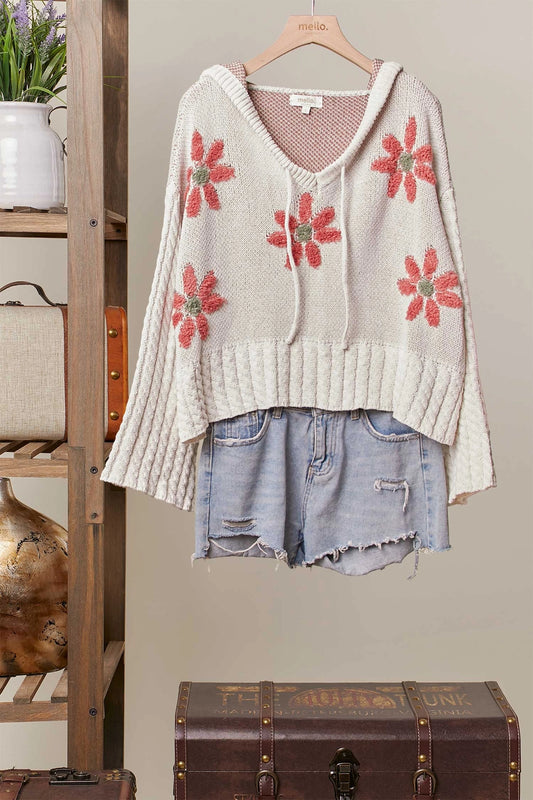 Hooded Floral Pattern Sweater