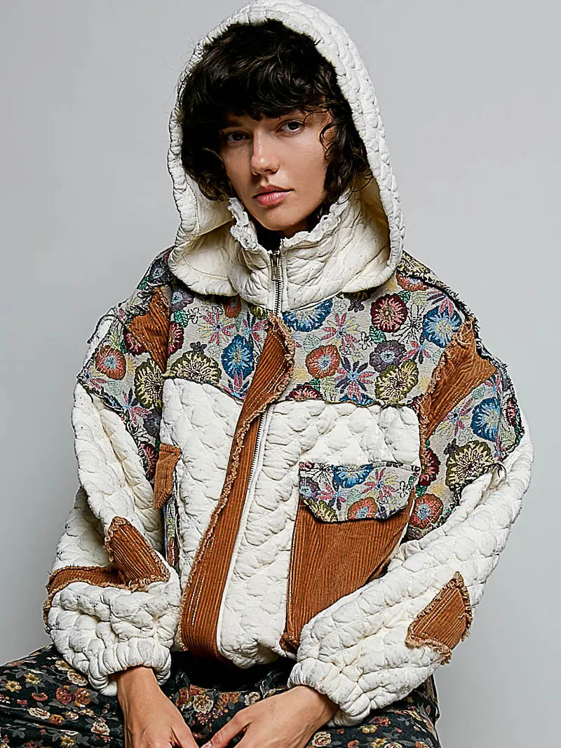 Oversize Floral Print Contrast Quilted Jacket