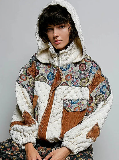 Oversize Floral Print Contrast Quilted Jacket