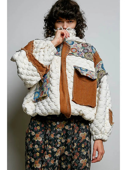 Oversize Floral Print Contrast Quilted Jacket