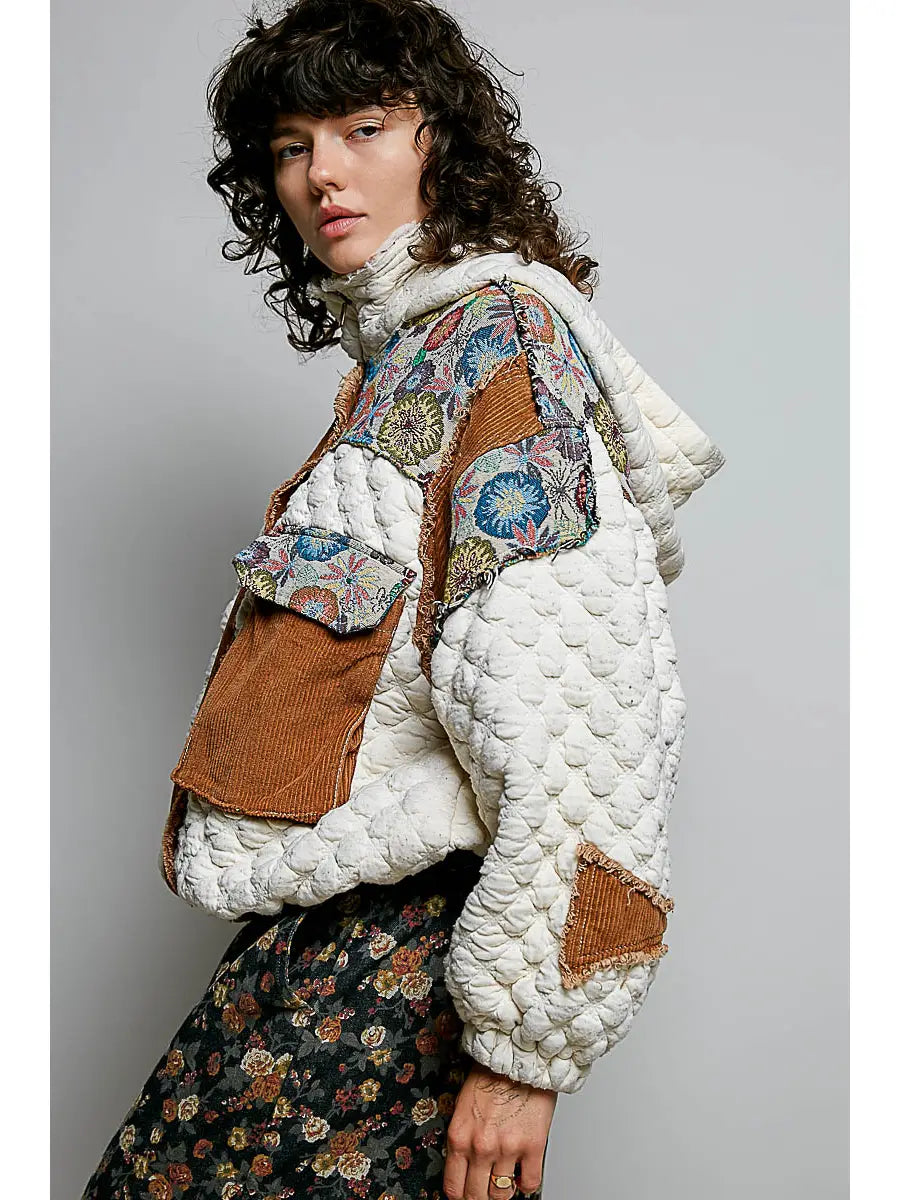 Oversize Floral Print Contrast Quilted Jacket
