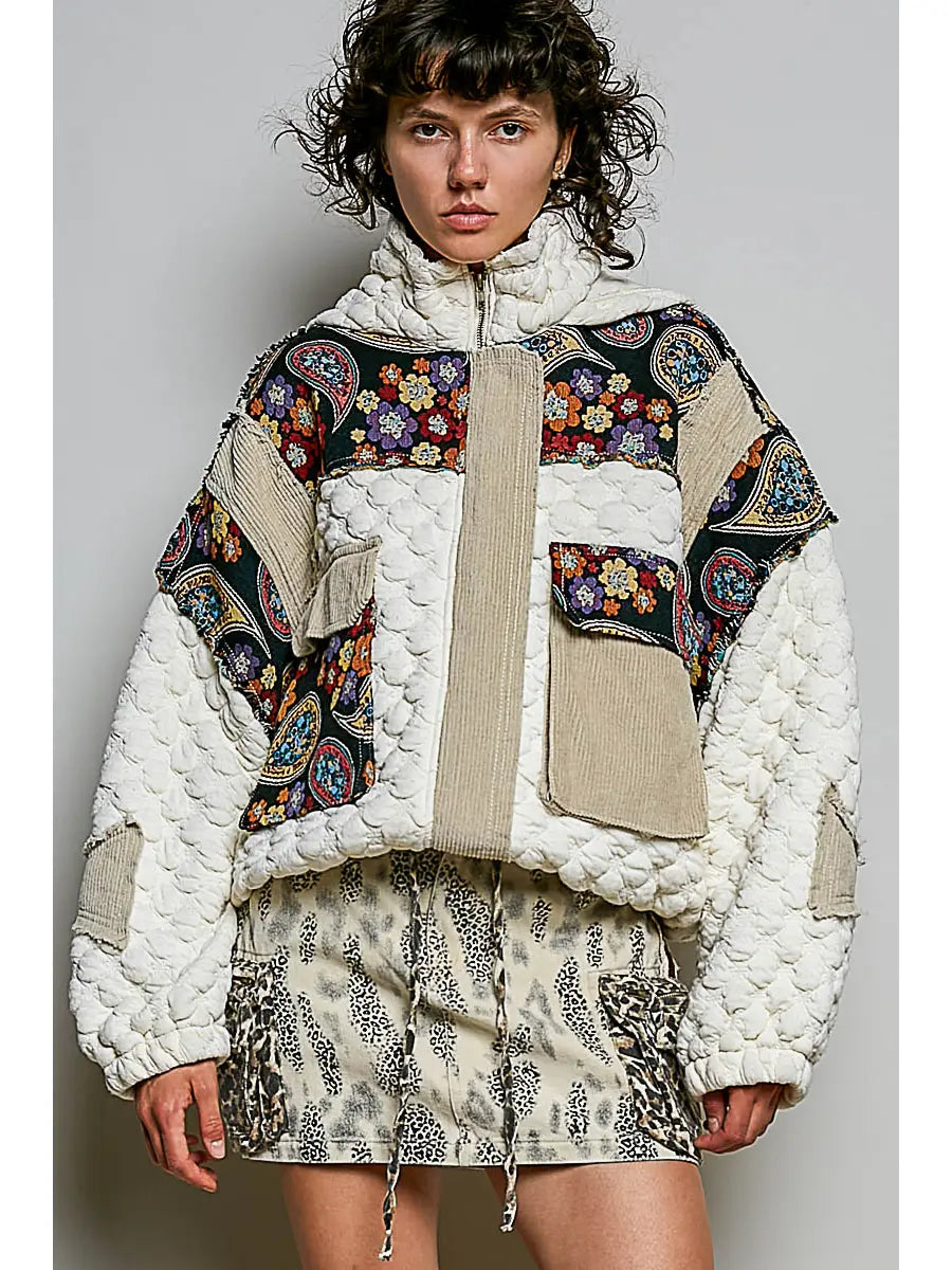 Oversize Floral Print Contrast Quilted Jacket