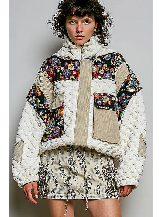 Oversize Floral Print Contrast Quilted Jacket