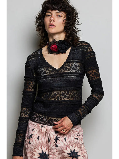 Raw Edge Lace Trim Long Sleeve