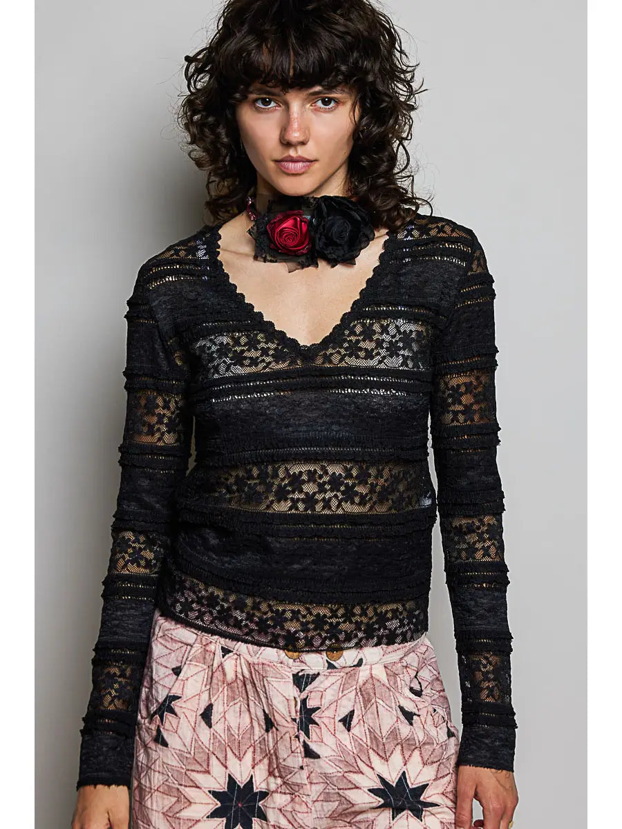 Raw Edge Lace Trim Long Sleeve