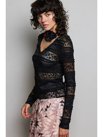 Raw Edge Lace Trim Long Sleeve