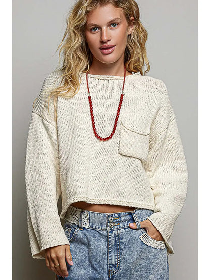 Solid Rolled-Edge Cropped Knit Sweater