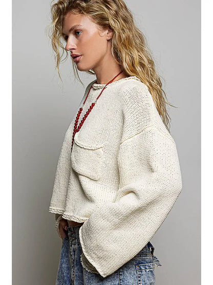 Solid Rolled-Edge Cropped Knit Sweater