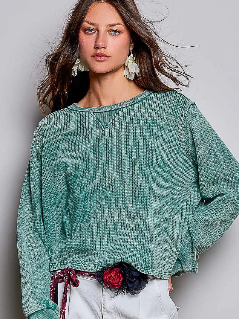 Vintage Washed Waffle Knit Oversized Long Sleeve