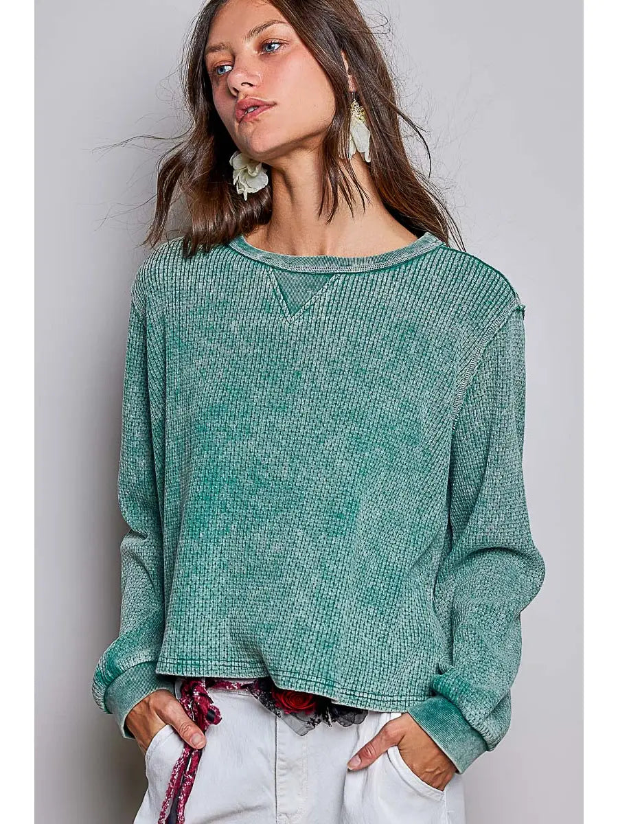 Vintage Washed Waffle Knit Oversized Long Sleeve