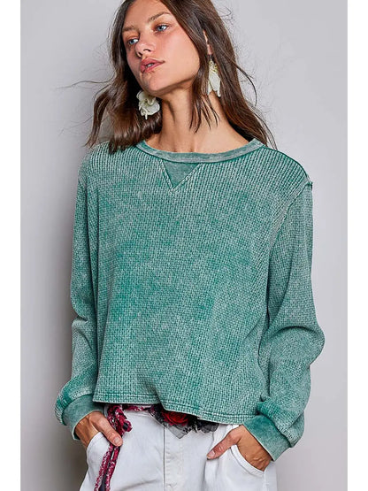 Vintage Washed Waffle Knit Oversized Long Sleeve